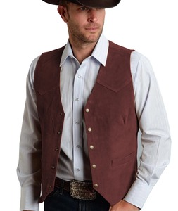Chaleco de Negocios para Hombre, de Gamuza Dorada, Cuero y Lona Impermeable, Estilo Vintage Vaquero Occidental, Corte Regular y Ajustado - Product Image 4
