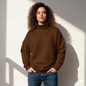 Womens Brown <b>Mock</b> <b>Neck</b> Sweatshirt Oversized Casual Fleece Pullover Winter Streetwear <b>Top</b> - Product Image 1