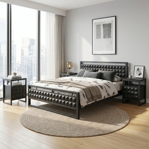 Dice Black Metal Eco-Friendly <b>Space</b>-<b>Saving</b> Modern Geometric Diamond Pattern Platform <b>Bed</b> Frame 3D Textured Headboard Hotel - Product Image 2