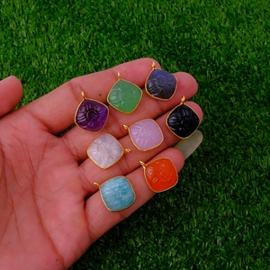 Carnelian Flower Carved Cushion Charm Stone Bezel set Gold Plated Carving Jewelry Fashion Wholesale Pendants - Product Image 6