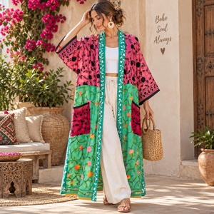 Kimono Vintage Elegante con Estampado Floral Phulkari, 100% Algodón, Kimono Tipo Duster de Secado Rápido y Transpirable, Bata de Baño - Product Image 1