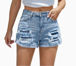 Shorts de Mezclilla Rasgados de Cintura Alta para Mujer, Corte Regular, Lavado Claro, Cierre con Cordón, Tejido de Punto, Suave y Transpirable, para Verano - Product Image 1