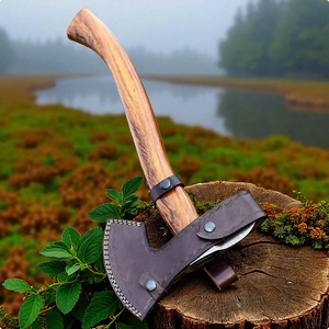 Handcrafted Industrial Damascus Steel Camp Hatchet Genuine Leather Sheath | Wood <b>Handle</b> | Outdoor Survival Tool | Custom OEM - Product Image 2