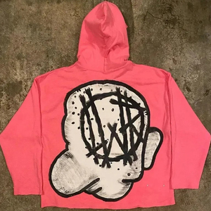 เสื้อฮู้ดดี้สตรีทแวร์ผ้าฟลีซหนานุ่มสีชมพูพิมพ์ลายกราฟิกหน้าใหญ่ทรงหลวมไหล่ตกสไตล์วินเทจสำหรับทุกเพศ ยี่ห้อ SHY SPORTS พร้อมปักโลโก้ตามสั่ง - Product Image 2