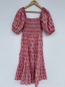 Vestido Midi de Algodón con Estampado Floral Rosa para Mujer, con Cuello Cuadrado y Mangas Abullonadas, Estilo Boho, para Verano, Venta al Por Mayor - Product Image 4