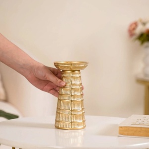 Elegant Metal <b>Candle</b> Pillar Holder With Gold Finish Round Shape Embossed Design Table Centerpiece For Home & Wedding Decoration - Product Image 2
