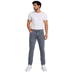 Custom Grey Mens Slim Fit Biker Jeans Stretch Denim Pants Ribbed <b>Knee</b> Detail Casual Streetwear Fashion Trousers With Pockets - Product Image 1