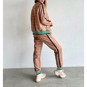 Ensemble de survêtement à carreaux pour femmes, manches longues, fermeture éclair, style décontracté, respirant, polyester et coton, vêtements d'automne - Product Image 6