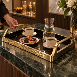 Decorative Iron Serving Tray | Black Gold <b>Marble</b> <b>Effect</b> Rectangular Platter with Handles for Dining <b>Coffee</b> <b>Table</b> Home Decor Gift - Product Image 3