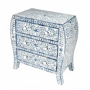 Mesita de Noche Artesanal con Incrustaciones de Hueso Azul, Patrón Floral, Cómoda de 3 Cajones, Mueble Auxiliar de Lujo para Dormitorio - Product Image 1
