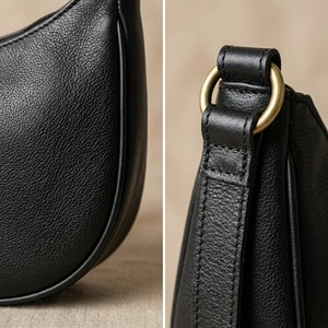 Women Genuine Leather Durable Single Zipper <b>Small</b> Crescent Crossbody <b>Bag</b> Minimalist Half Moon Shoulder Handbag for Travel <b>Black</b> - Product Image 4