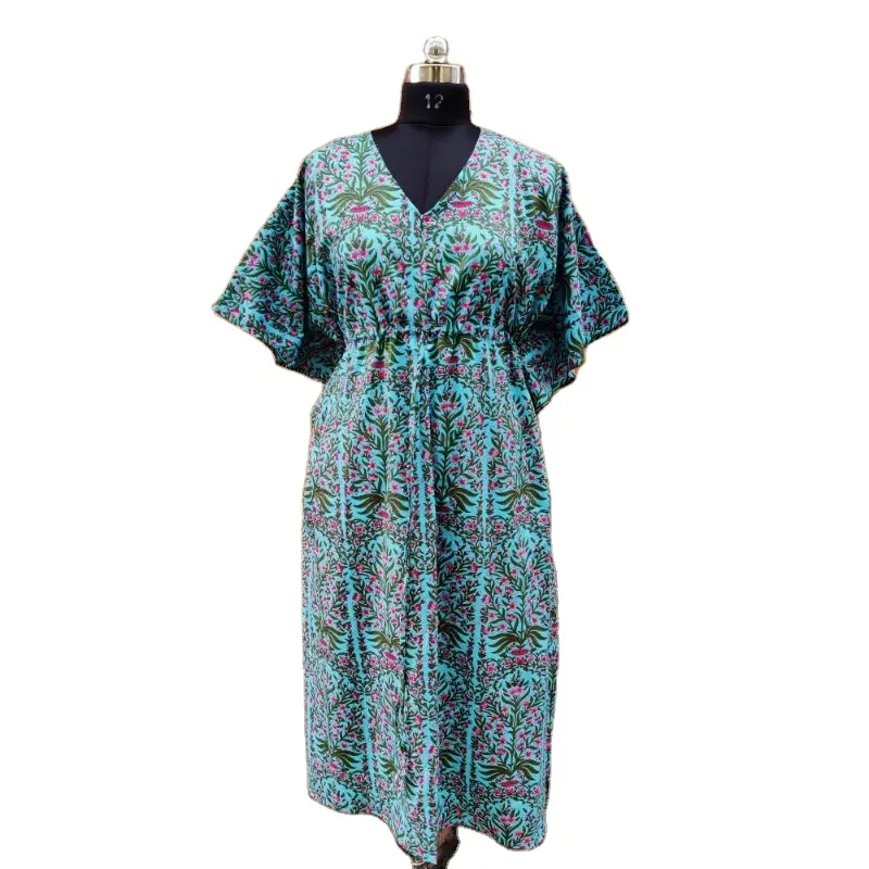 Sky Blue Indian Kaftan Dress Soft & Comfortable Loose Cotton Wholesale Maxi Gown Tunic Beach Wear Hand Block Print