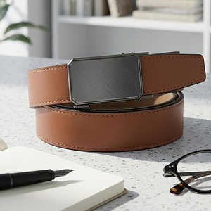 Cinturón Automático de Cuero Genuino Marrón Cognac Reversible de 2.8cm de Ancho con Hebilla Rectangular de Diseño 3D, Estilo Casual y Formal, Acero Duradero - Product Image 4