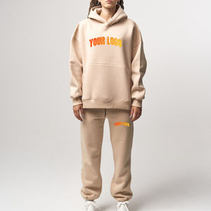 Ensemble de survêtement beige à capuche pour femme, manches longues, couleur unie, tenue décontractée avec cordon de serrage, poches latérales, coupe ample, style automne - Product Image 3