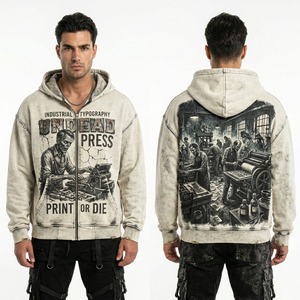 Sudadera con capucha blanca con cremallera para hombre, estilo industrial, con estampado gráfico de zombis, diseño vintage desgastado, chaqueta de forro polar estilo streetwear. - Product Image 1