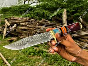 Couteau de chasse et de camping professionnel à lame fixe en acier Damas forgé à la main, pointe tombante, laiton coloré, vente chaude, ODM OBM - Product Image 4