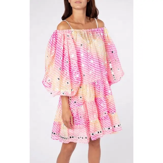 Женское летнее платье в стиле бохо, розово-желтое платье в радужную полоску с вышивкой и зеркальными деталями, эластичная марлевая туника