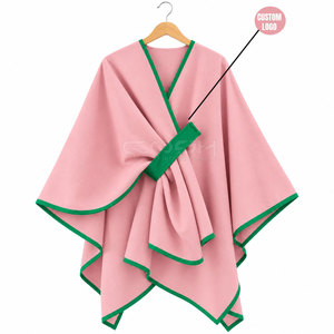 Cosh International Sorority Sisterhood Pink Asymmetric <b>Poncho</b> With Green Trim V-Neck Long Sleeve Belted Closure Breathable Soft - Product Image 1