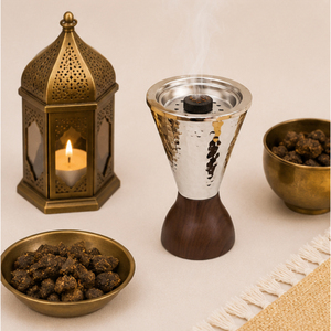 Quemador de incienso árabe Bakhoor de metal martillado Mabkhara con base de madera de nogal, soporte cónico para incienso Oud, incensario para decoración del hogar en Ramadán - Product Image 6