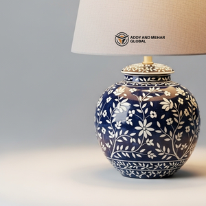 Lanterne de table artisanale en os bleu incrusté avec motif floral, lampe de chevet décorative de luxe avec abat-jour en tissu pour la maison et l'hôtel - Product Image 6