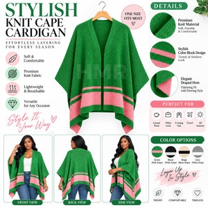 Suéter tipo poncho de punto acanalado con bloques de color verde y rosa de HMR Sorority Sisterhood, con mangas de murciélago, estilo casual, tipo capa larga. - Product Image 6
