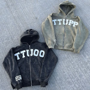 Custom Vintage Washed Regular Fit Men's Zip Hoodie Heavyweight Cotton Fleece Lined Chenille Letter Embroidery Full Zip Hoodies - Product Image 1