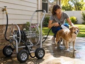 Enrouleur de tuyau d'arrosage métallique robuste de 150 pieds avec chariot et 4 roues en caoutchouc massif pour l'arrosage, le lavage de voitures et le bain des animaux ODGGAD020 - Product Image 6