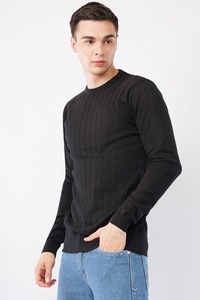 T-shirt côtelé à manches longues pour homme de qualité supérieure |   T-shirt en tricot à rayures verticales coupe ajustée |   T-shirt décontracté à col rond en mélange de coton, coupe ajustée - Product Image 2