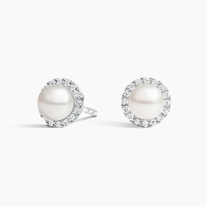 Boucles d'oreilles classiques en perles avec halo de diamants ronds taille brillant pour femmes, bijoux de mariage - Product Image 1