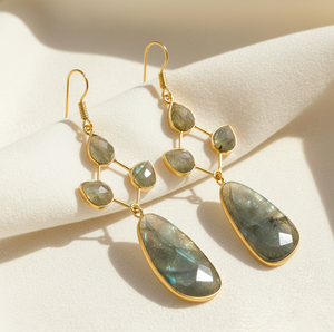 ต่างหูลาบราดอไรต์ธรรมชาติ |   รูปทรงลูกแพร์ แบบแฟนซีคัท |   เงินแท้ 925 ชุบทอง 18K |   ต่างหูแบบติดหูขนาด 6 นิ้ว น้ำหนัก 22 กรัม - Product Image 2