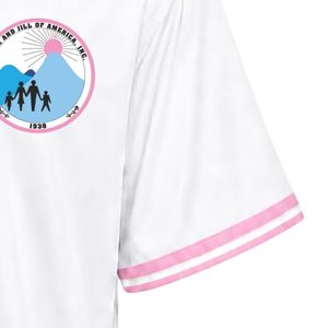 Maillot de baseball blanc pour femme avec patch brodé, manches courtes, boutons sur le devant, col en V, bordure rose, vêtements de sport décontractés, tenue d'équipe - Product Image 3