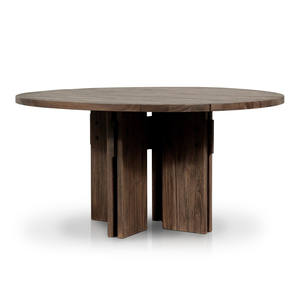 Table de salle à manger moderne en bois d'acacia massif, forme ronde, design ligné, finition marron, avec nouvelle base à double pieds, pour la maison et la cuisine - Product Image 3