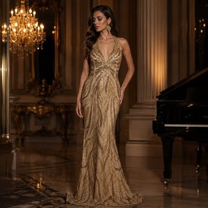 Luxury Gold Embroidered Beaded Mermaid Evening Gown for Women Halter Neck <b>Sequin</b> Formal Party Wedding Prom Maxi Dress Elegant - Product Image 2