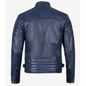 Blousons en cuir de vachette véritable bleu marine pour hommes, tendance du moment, col montant, fermeture éclair, coupe ajustée, style motard, pour l'hiver - Product Image 2