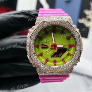 Women's Luxury Analog Digital <b>Watch</b> Green Dial Pink Rubber Band Moissanite Round <b>Case</b> Hip Hop <b>Watch</b> - Product Image 1