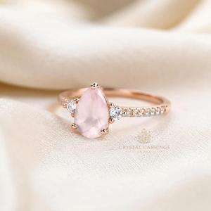 Natural Rose Quartz Rhodium Plated Sterling <b>Silver</b> <b>Ring</b> Pear Cut Pink Gemstone Engagement <b>Dainty</b> Three Stone Promise <b>Ring</b> Unisex - Product Image 2