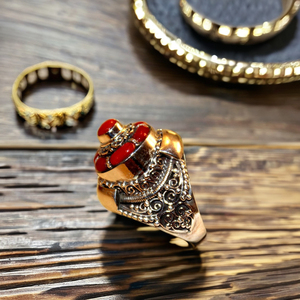 เครื่องประดับเนปาลโบราณทำด้วยมือแหวนปะการังสีแดงพร้อมแถบเงิน925ของขวัญแฟชั่นสำหรับงานปาร์ตี้ตามสั่ง - Product Image 1