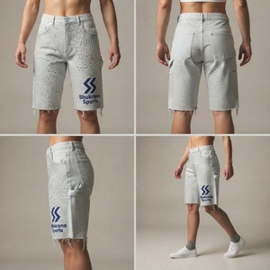 Pantalones Cortos de Mezclilla Cargo de Cintura Alta para Hombre con Estampado de Lentejuelas Brillantes y Dobladillo Desgarrado, Estilo Urbano, para Verano - Product Image 2