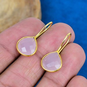 Natural Handmade Pink Quartz Heart Shape Gemstone Hook Earrings 18k Micron Gold Over 925 <b>Sterling</b> <b>Silver</b> - Product Image 3