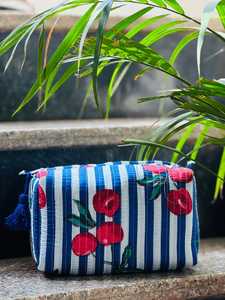 Bolsa de Cosméticos de Algodón con Estampado de Cerezas a Rayas, Tamaño Mediano, Cierre de Cremallera, Bolsa de Viaje Portátil, Estilo Bohemio - Product Image 3