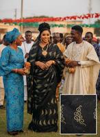 Kain Voile Katun Bordir Bunga Hitam Emas dengan Hiasan Berlian Imitasi untuk Gaun Pengantin Afrika OEM Custom