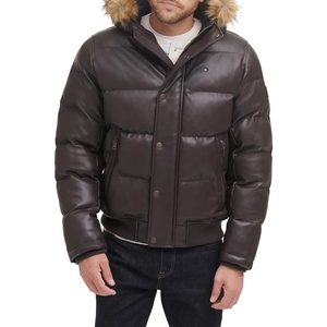 Blouson matelassé effet cuir pour homme, manteau d'hiver chaud à capuche avec garniture en fourrure, fermeture éclair frontale, veste décontractée et tendance pour l'extérieur, vente en gros OEM - Product Image 1