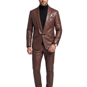 Pantalones de cuero marrón para hombre, corte ajustado, con bolsillos con ribete, conjunto de traje de cuero de lujo para hombre, chaqueta y pantalones de cuero de dos piezas - Product Image 1