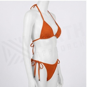 Conjunto de Bikini Texturizado Naranja para Mujer, Top Halter con Lazos Laterales, Braguita de Spandex y Poliéster, Traje de Baño - Product Image 3
