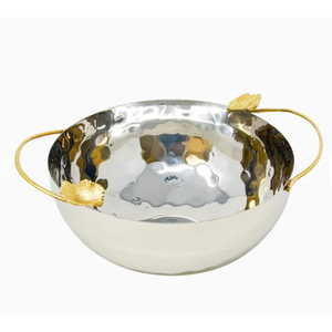 Bol de service en acier inoxydable martelé à la main avec support décoratif en laiton doré en forme de feuille d'olivier, bol à fruits métallique décoratif pour hôtel - Product Image 4