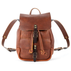 Vintage Genuine Leather Mini <b>Backpack</b> With <b>Drawstring</b> Closure Shoulder Strap Interior Compartment Canvas Lining Daily Use - Product Image 1