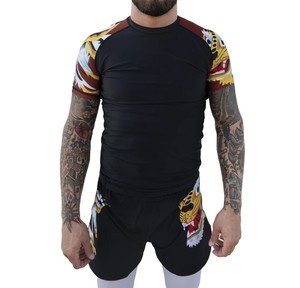 Men's Black Short Sleeve Rash Guard 100% Polyester <b>Swim</b> <b>Shirt</b> with Logo Print Left Sleeve Anti-UV UPF50+ Quick Dry - Product Image 1