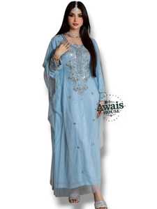 Vestido de Novia Elegante Awais HOUSE para Mujer, Azul Claro, Bordado, Salwar Kameez, Cuello en V, Manga Larga, Largo hasta el Suelo, Material de Rayón - Product Image 1
