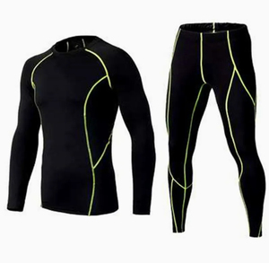 Men's Black <b>Long</b> Sleeve Rash Guard Set With Neon Green <b>Stitching</b> Quick Dry Compression Wear Full Coverage Sport <b>Kit</b> - Product Image 1