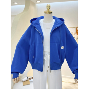 เสื้อฮู้ดซิปผู้หญิงทรงโอเวอร์ไซส์ สีพื้น ไหล่ตก ความยาวสั้น ผ้าถักผสมคอตตอน สไตล์ลำลองสำหรับฤดูใบไม้ร่วง - Product Image 4